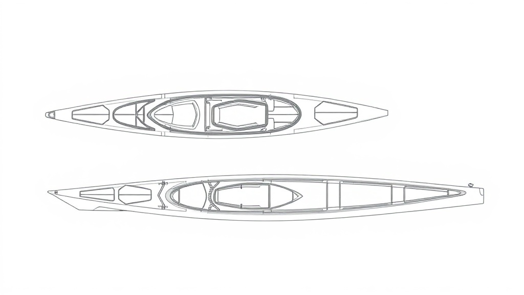 카약과 카누의 내부 구조와 선체 형태를 비교한 기술 다이어그램